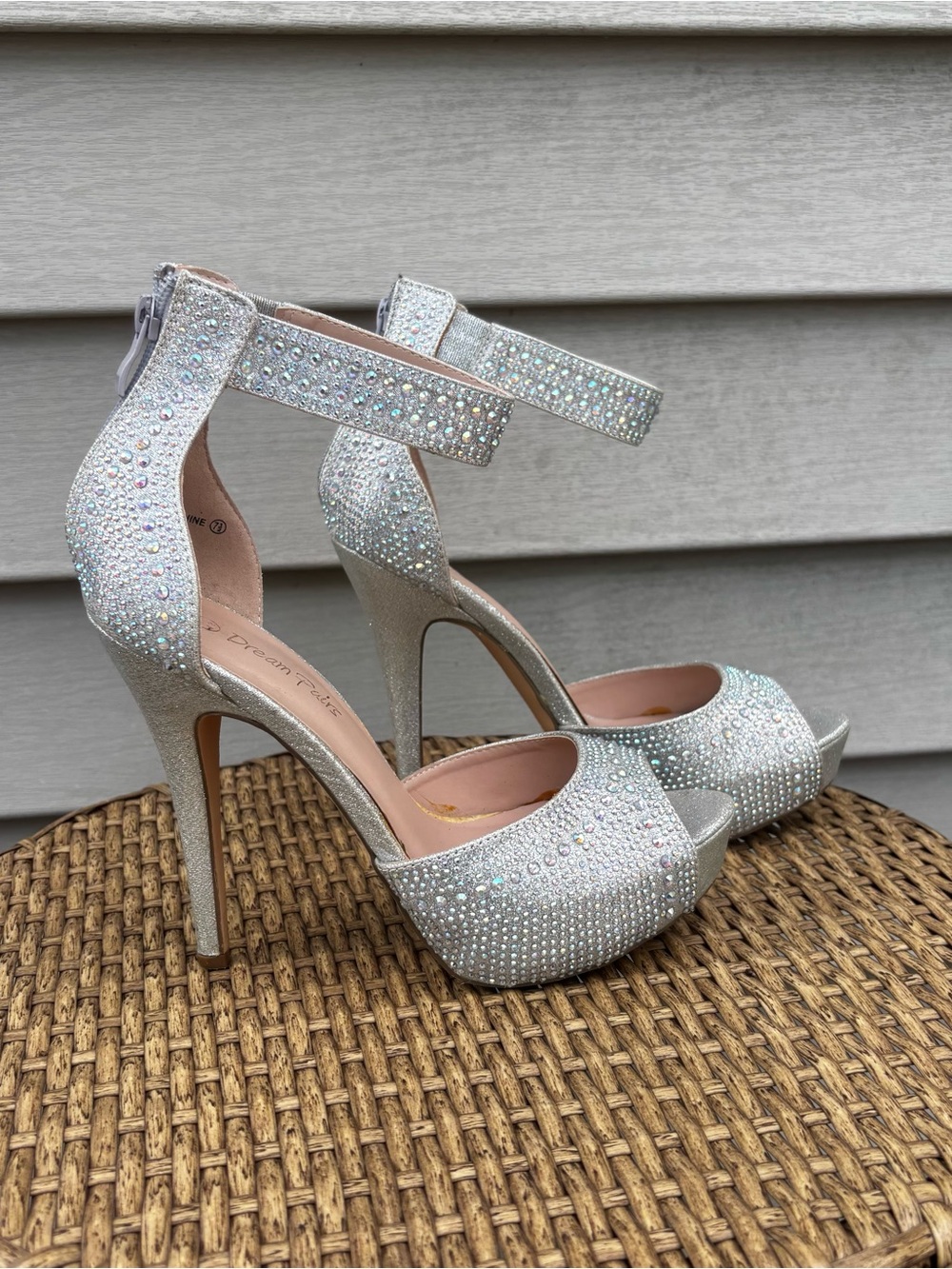Dream Pairs Silver Rhinestone Platform Heels | Peep Toe Stiletto Pumps Size 7.5